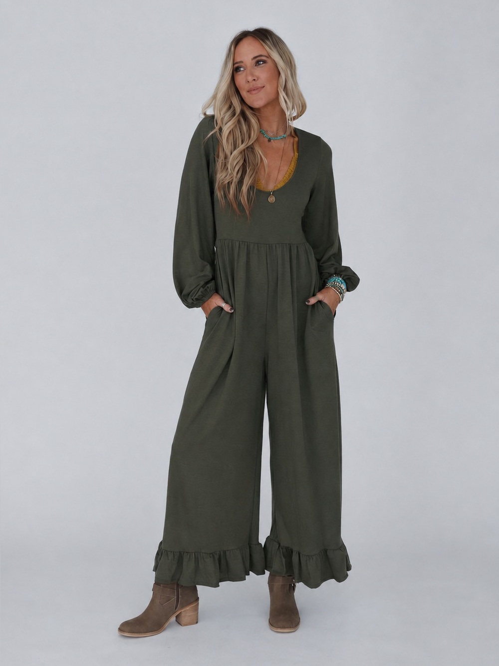 Three Bird Nest Best Intentions Long Sleeve Jumpsuit Open Back Ruffle Hem